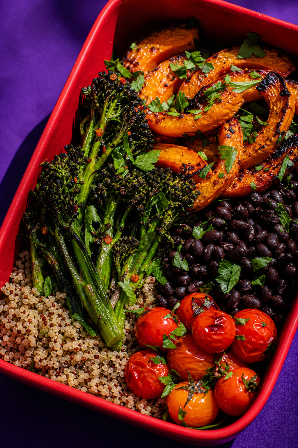 Close-cropped prepared meal with roasted squash, broccolini, black beans, grains, tomatoes, and herbs in a tomato-red tray.