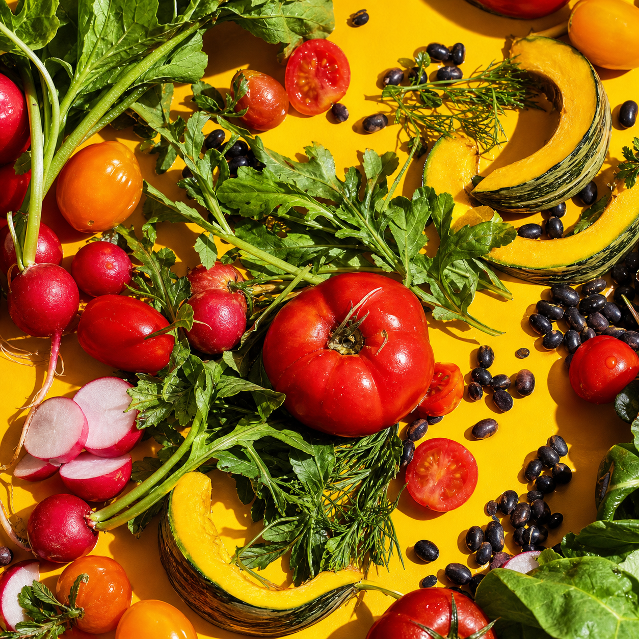 Tomatoes, greens, radishes, squash, herbs, and black beans arranged on a marigold surface.