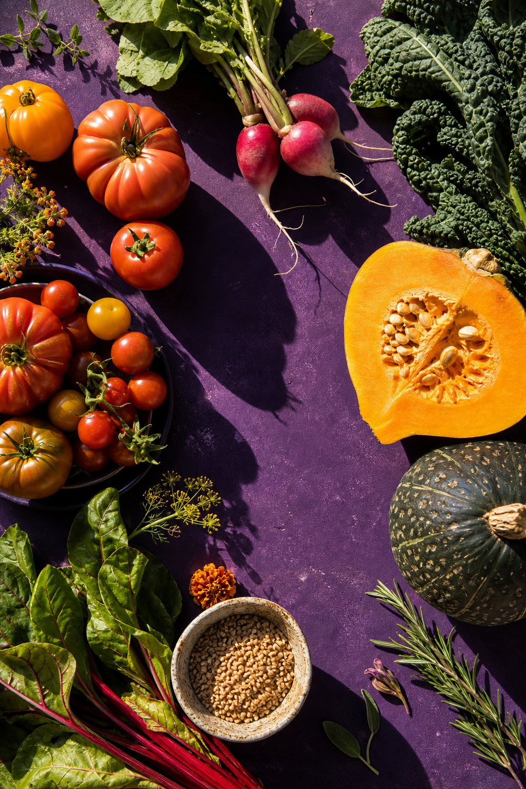 Tomatoes, radishes, kale, squash, greens, and herbs arranged on a violet surface.